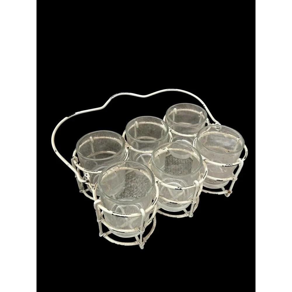 Hallmark Tea Light Holder Candle Votive White Wire 6 Glass Caddy Vintage